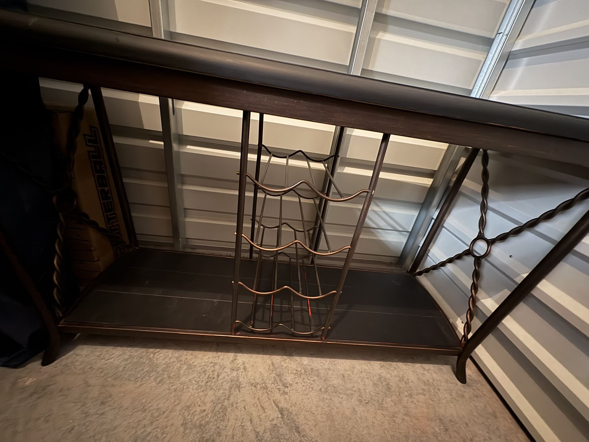 Metal Frame Wood Top Table With Wine Rack
