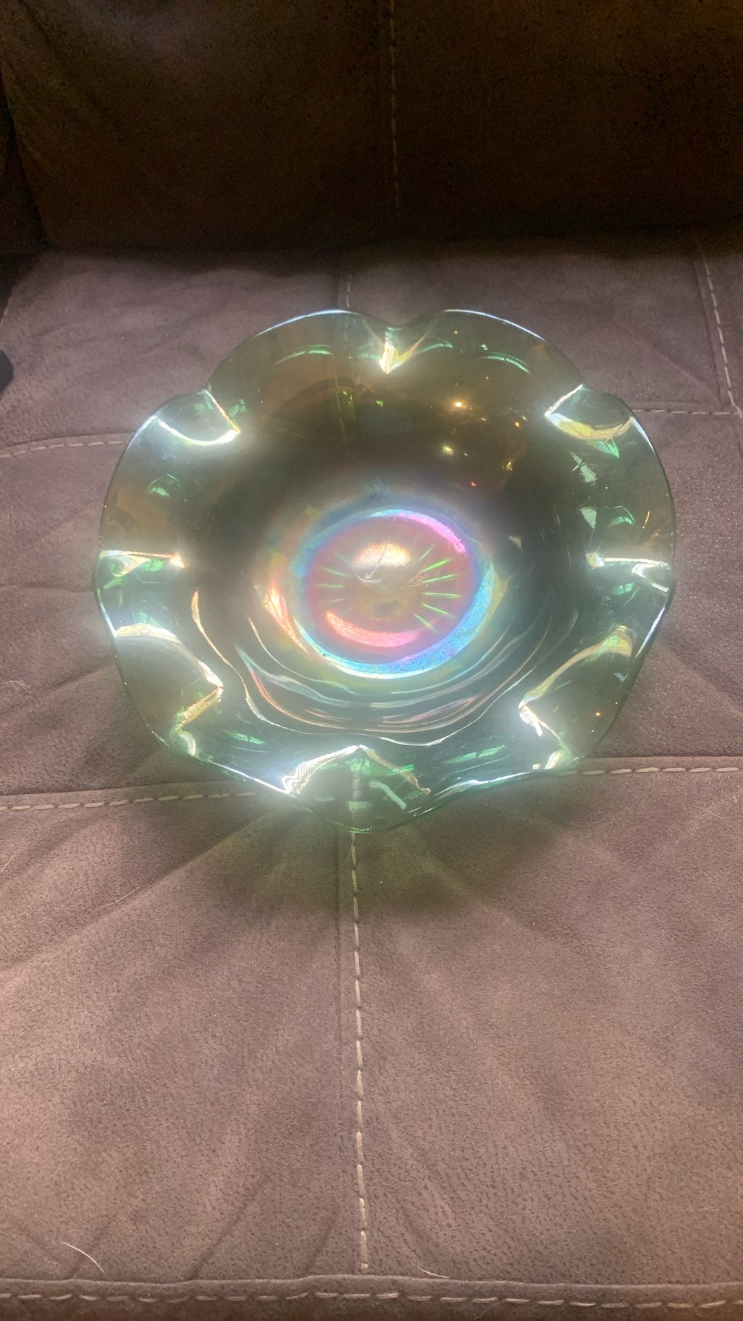 Green Ruffled Carnival Glass Bowl
