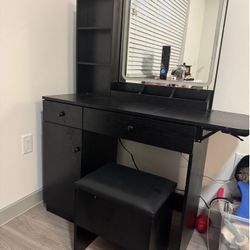 IRONCK Vanity Desk with LED Lighted Mirror & Power Outlet, Makeup Table with Drawers & Cabinet,Storage Stool,for Bedroom, Black