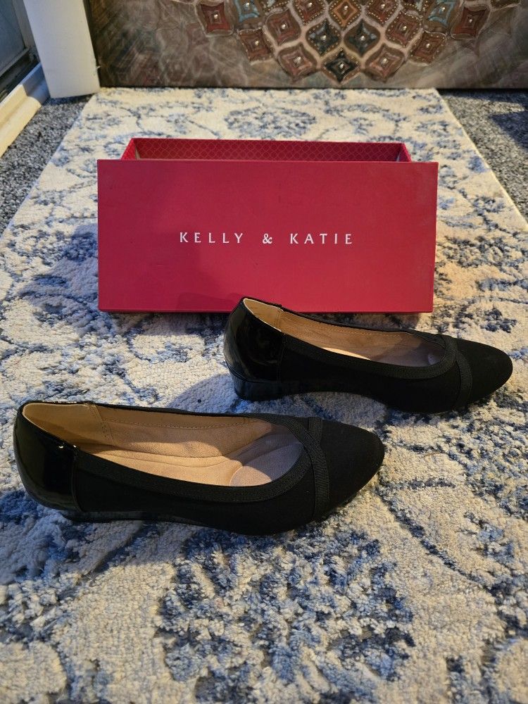 Kelly & Katie Sabeni Wedge Sole Dress Shoes Womens 7 M Black Twill Patent Trim