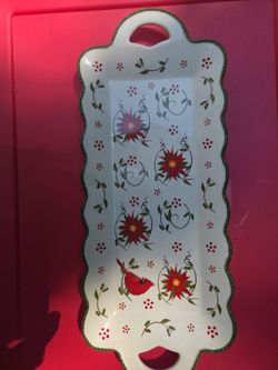 Temp-tations Winter Whimsy Ceramic Serving Tray Platter Cardinal Poinsettia