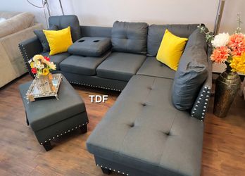 Charcoal Linen Sectional Sofa Couch +Storage Ottoman (New In Box) 
