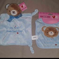 NEW infant baby boy blue bib and blankie "My First Valentine's" set $6 FIRM for both!