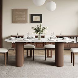 71" Modern Oval Dining Table for 6, Glossy White Sintered Stone table top, Solid Wood Legs