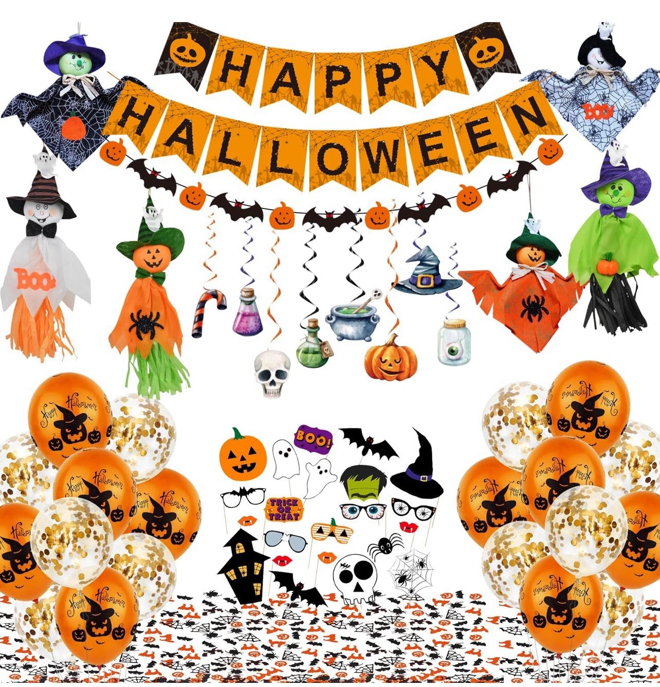 Halloween Decorations, Halloween Party Supplies for Indoor Outdoor Haunted House Decor, Spooky Pumpkin Balloons, Banner, Swirls, Photo Booth Props, Gh