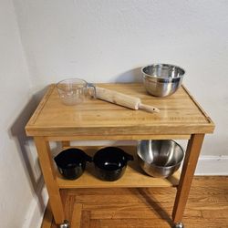 Two Tier Solid Wood Butcher Block Kitchen Rolling Cart With Open Storage Shelf And Caster Wheels