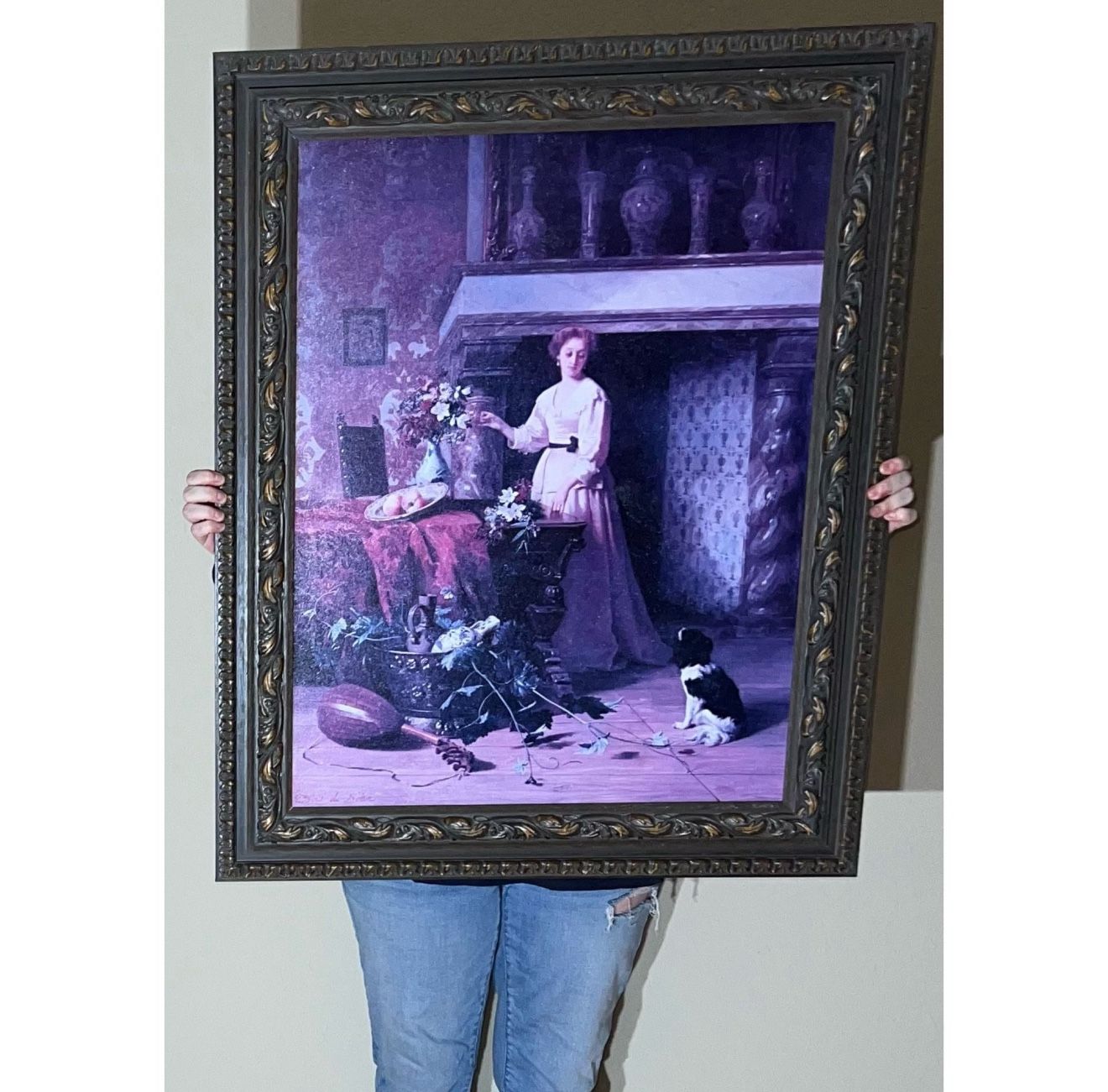 Vintage Grand Gilded Frame Art Painting Portrait 28” x 34.5” “Arraigning Flowers” David Emil Joseph de Noter Bombay Co