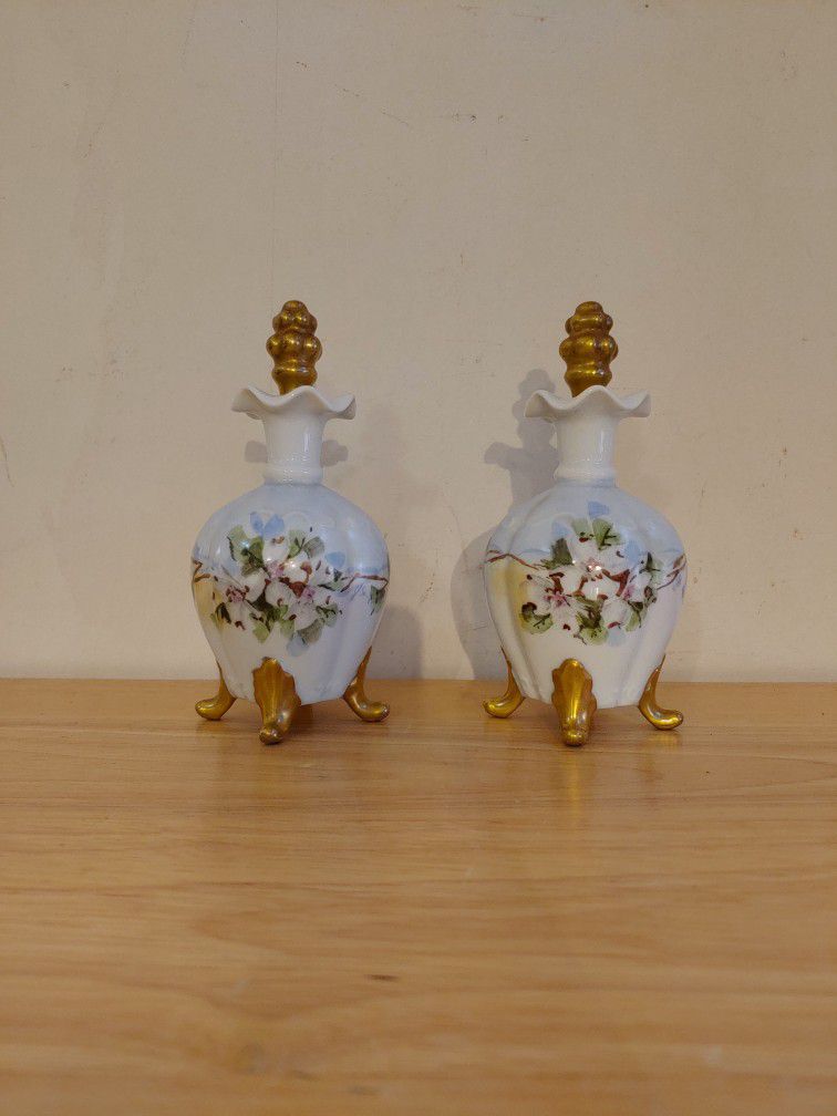 2 Antique French Perfume Bottles Porcelain Gold Floral Footed