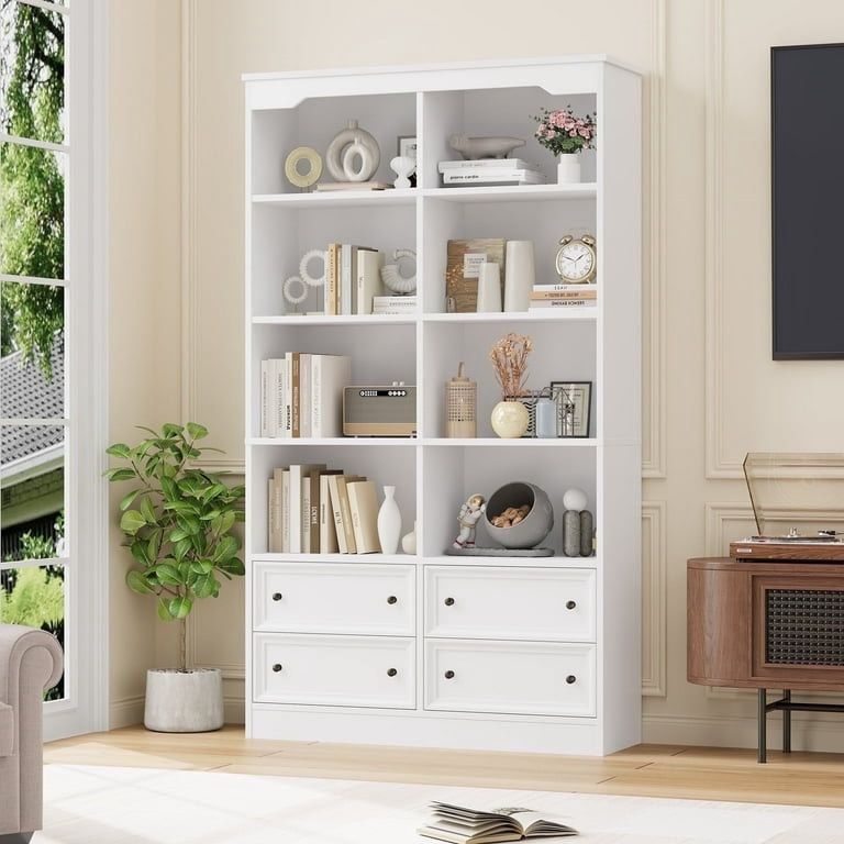 Double Row 6 Tier Bookcases, 71 in Tall Bookcase Bookshelf with 4 Drawers and 8 Display Cubicles, for Home Office Living Room, White