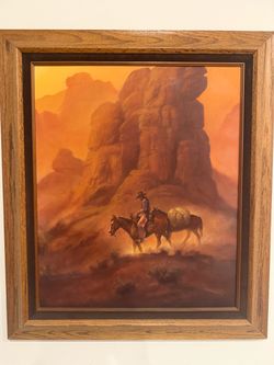 Vintage Signed Charles Cochrane Western Cowboy Art | Textured Canvas Framed Desert Landscape