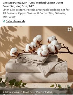 Bedsure PureWoven 100% Washed Cotton Duvet Cover Set, King Size, 3-PC Linen Like Texture, Percale Breathable Bedding Set for All Seasons, Zipper Closu