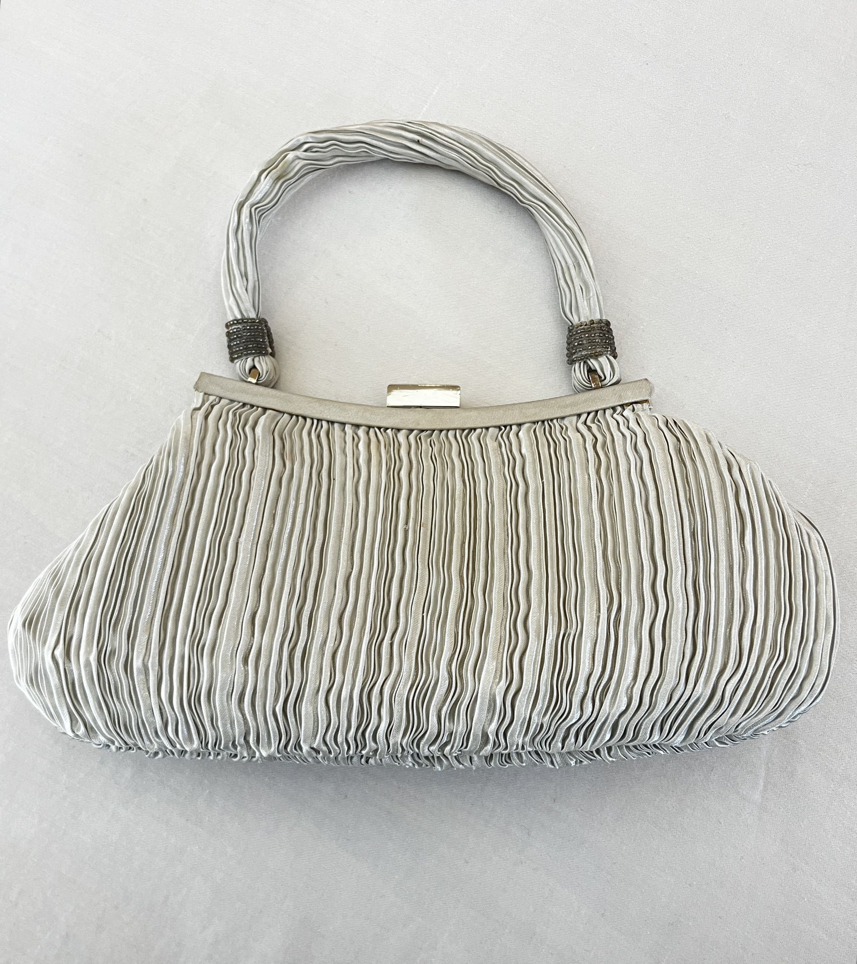 La Regale Vintage Hand Made Silver Silk/Satin Evening Satchel Handbag 