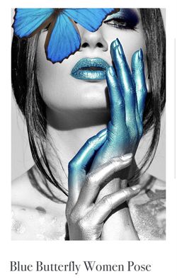 Woman posing with blue butterfly 32x48 frameless photography on tempered glass blue
