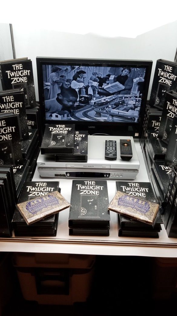 For The Mancave. JVC VCR,20" Vizio TV And The Twilight Zone. The Complete Series. Plus 2 Bags Of Microwave Popcorn.