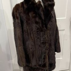 Dark Brown Female Women Real Fur Mink Coat Size medium Zipper Leather detail Jacket