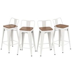 Andeworld Metal Bar Stools Set of 4 Industrial 26" Seat Height Counter Stools with Back Bar Chairs (Wooden Top Low Back, White