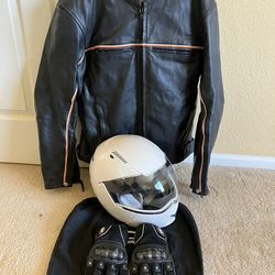 River Road Leather Jacket w/ AFX FX-140 Helmet & Bilt Leather Gloves