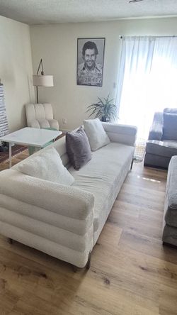 White Boucle Sofa with Throw Pillows