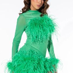 Green mesh dress with feathers