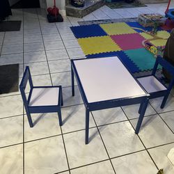 Navy blue and white (dry erase) toddler table and 2 chairs
