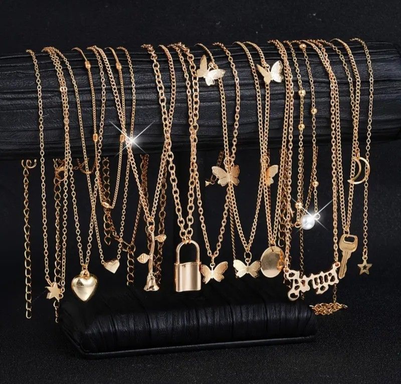 12-Pcs Heart, Flower, Star, Lock Design 14K Gold Plated Pendant Necklace Set 