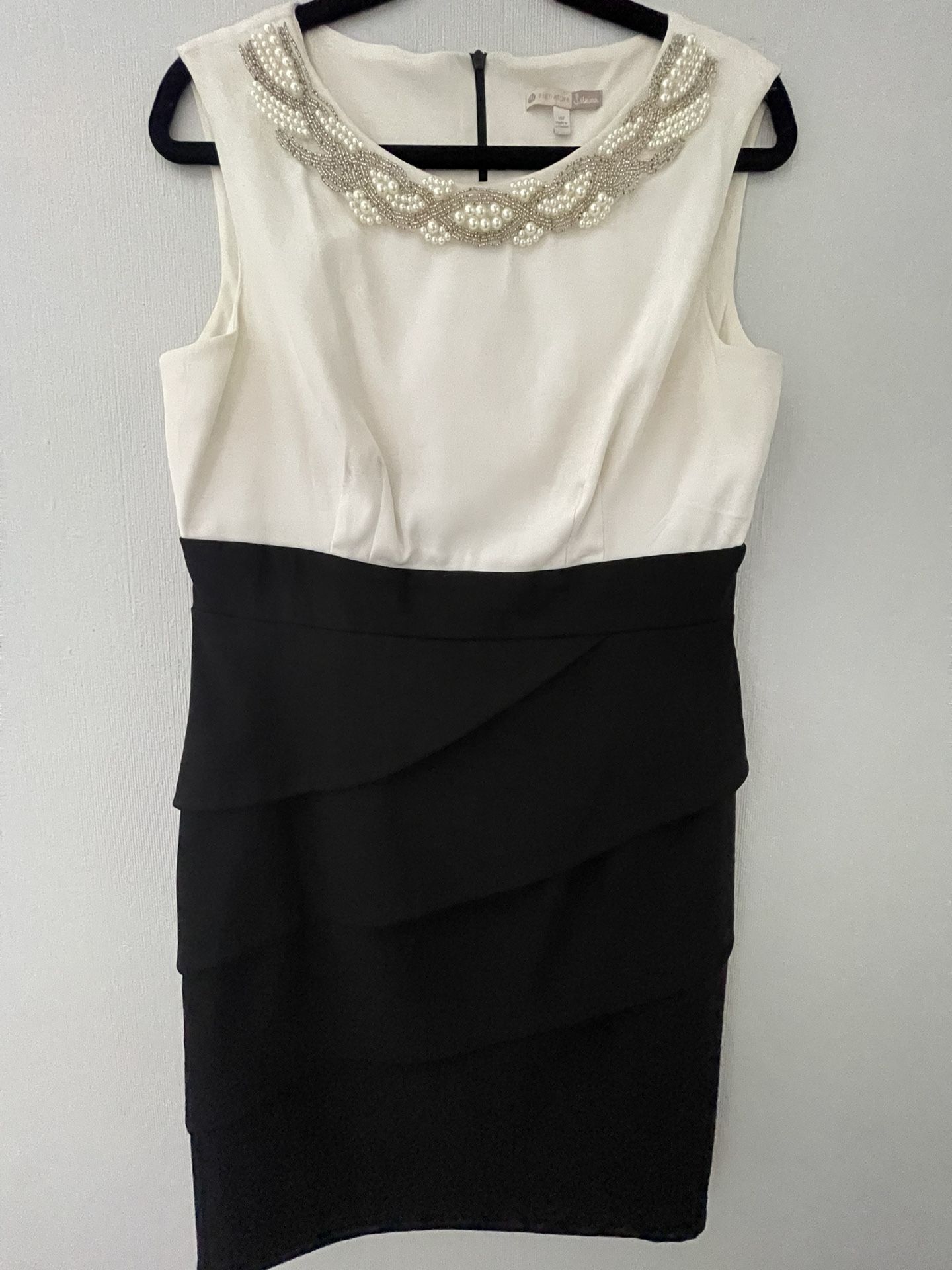 Signature Sabrina Black and Ivory Dress w/Beaded Neckline