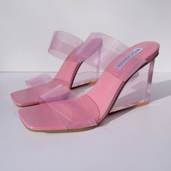 Steve Madden Women’s Isa Clear Strap Wedge Sandals Pink High Heel Size 7.5