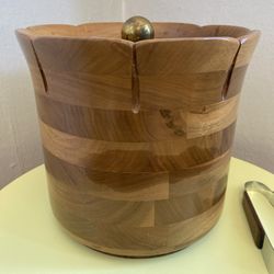 Vintage MCM Walnut Glass Lined Ice Bucket w/Lid Tongs 