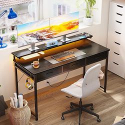 54 Inch Computer Desk with 3 Drawers and USB Power Outlets, Home Office Desks with LED Lights and Adjustable Monitor Stand, Work from Home, 