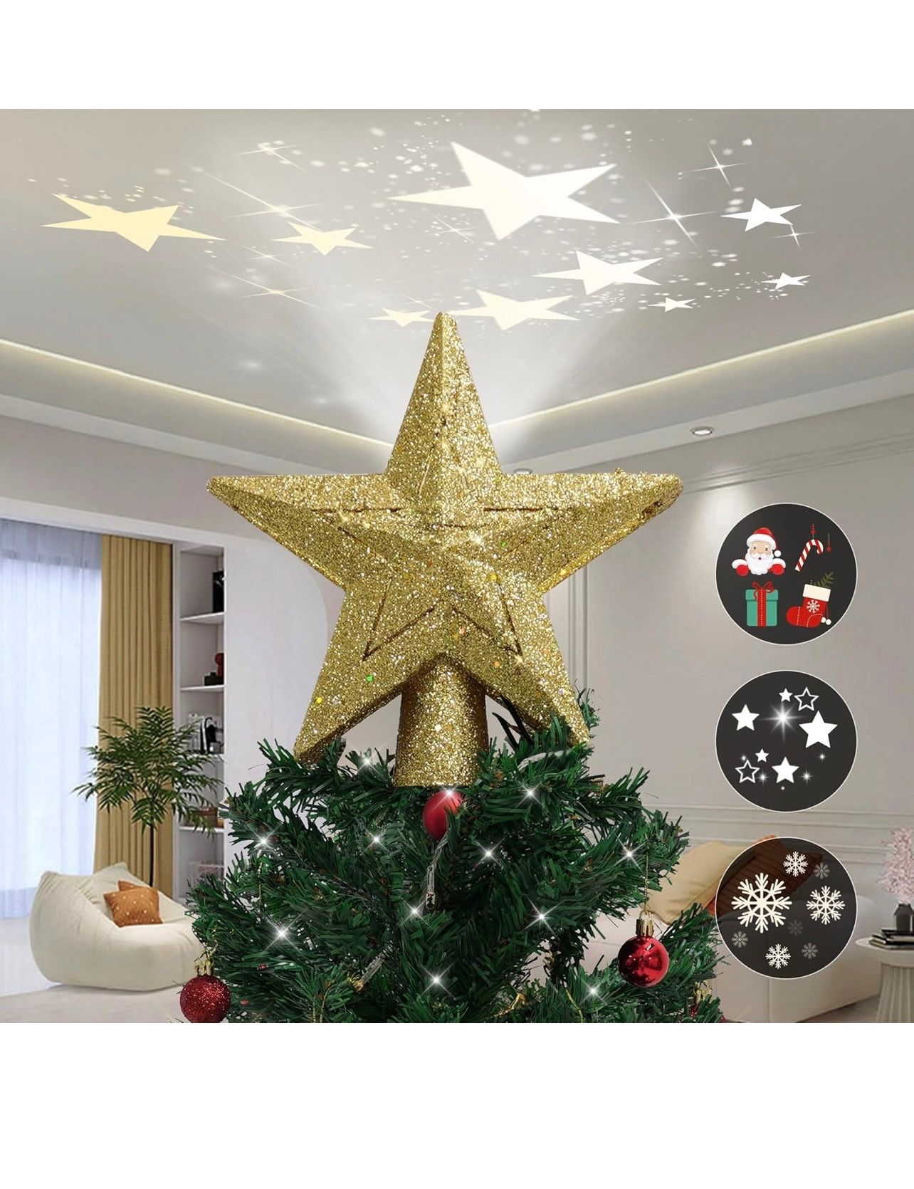 Christmas Tree Topper Lighted with 3 Pattern Projection Modes,3D Flash Dynamic Projector for Christmas Decorations,Christmas Star Tree Topper with Bui