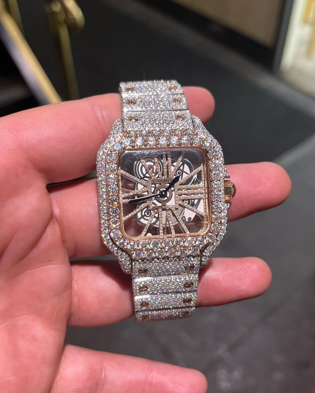 Cartier Skeleton with raised solitaire prongs on band (Moissanite)