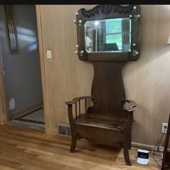 Antique Quartersawn Oak Victorian Carved Hall Tree Seated Bench Beveled Mirror