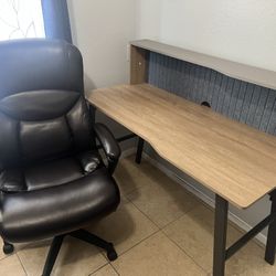 OFFICE SET INCLUDES: DESK, BROWN Leather Chair, And Plastic Carpet For Leather Chair