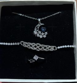 Silver Moon & Star Necklace with Blue Heart Pendant Set