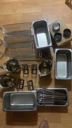 Fry baskets 10 bucks each Water jars 10 bucks each Salt and pepper holder 5 buck each Container of Kives 30 bucks Container 10 bucks each Box of 48