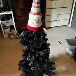 4’ Black Christmas Tree With Snowman Topper