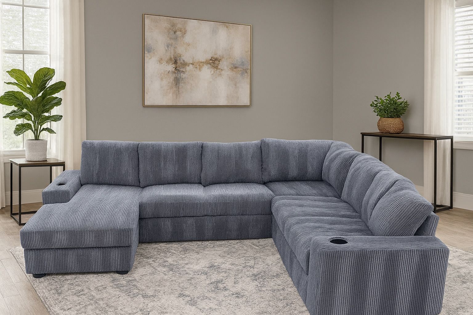 IKEA Gray Corduroy Modular Sectional Sofa w/ Chaise, Storage, USB Charger & Cup Holders Like-New
