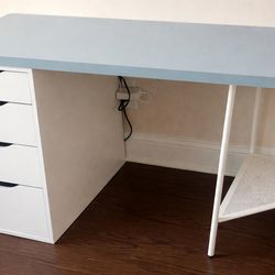Desk, light blue and white color, with four spacious drawers