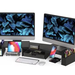 Black Adjustable Monitor Stand Desk Organizer with Storage