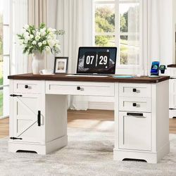 Squireewo 58'' Farmhouse Home Office Desk with Drawers, Wooden Executive Desk with Charging Station, File Drawers and Storage Cabinet, Computer Desk f