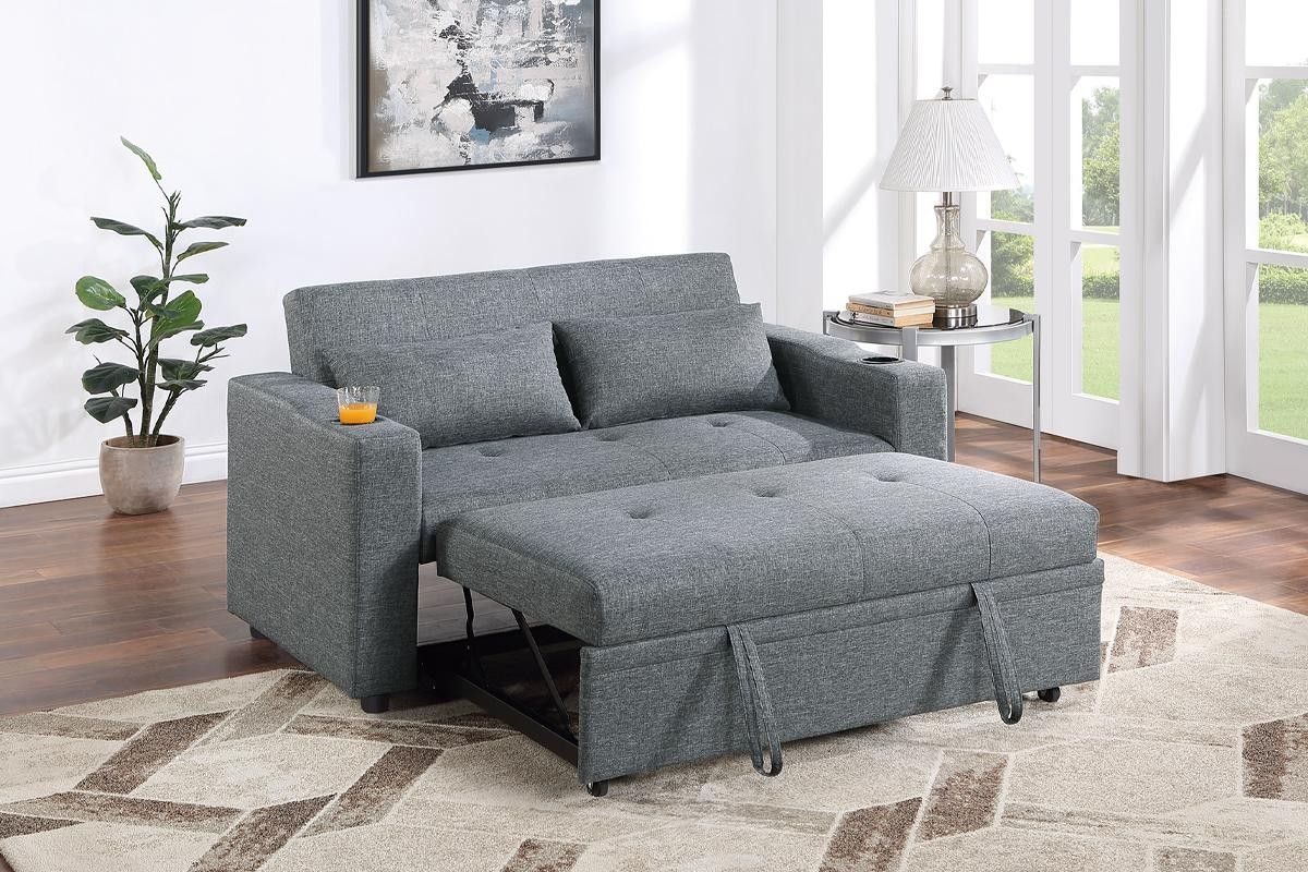 Gray Sleeper Sofa W/ Cup Holders 