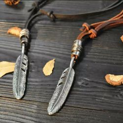 (Shipped Only) Feather Leather Necklace Pendant For Men Women
