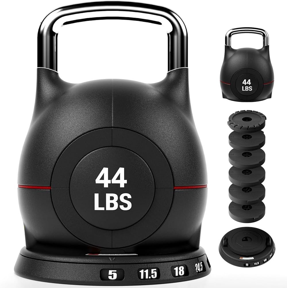 Adjustable Kettlebell Weight Set - 7 Weights from 5 to 44 lbs, Quick-Change Handle for Home Gym, Space-Saving Design for Strength Training, Black