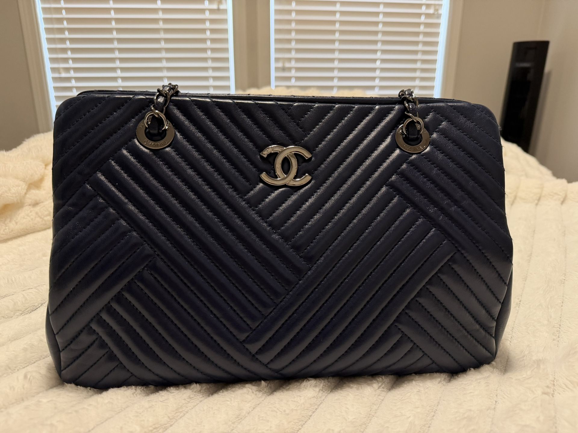 Chanel Dark Blue Chevron Quilted Shoulder Bag.