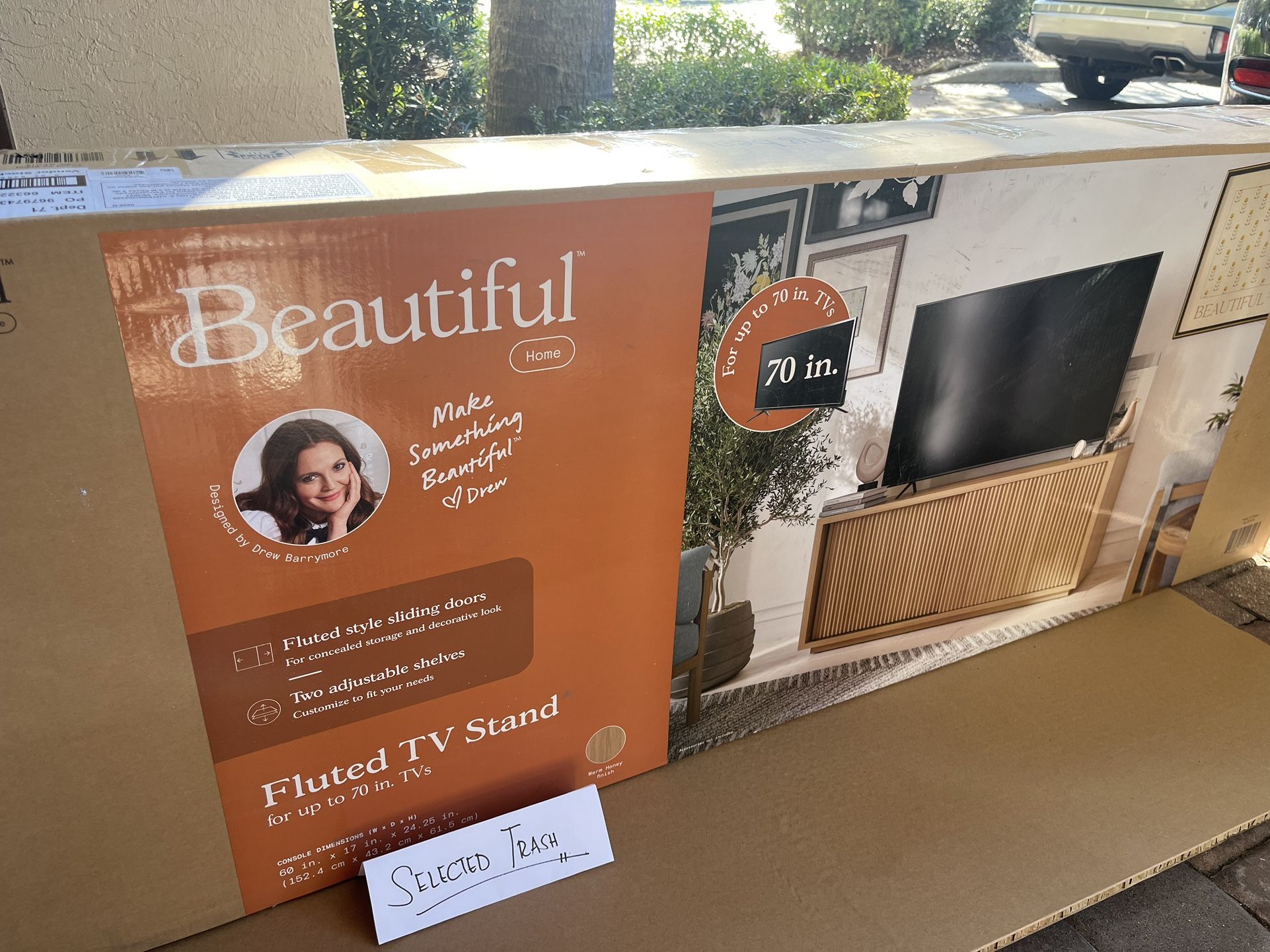 Beautiful Fluted TV Stand for TV’s up to 70” by Drew Barrymore, Warm Honey Finish