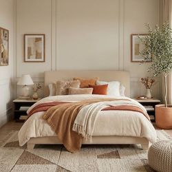 Queen Size Bed Frame with Adjustable Headboard, Stable Mattress Foundation, Strong Back-Support, No Box Spring Needed, Beige