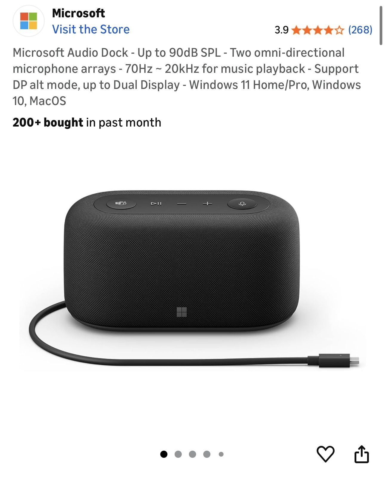 Microsoft Audio Dock - Up to 90dB SPL - Two omni-directional microphone arrays - 70Hz ~ 20kHz for music playback
