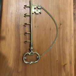 Vintage Solid Brass skeleton, key, shape, keyholder with gold tone hanging chain, Excellent Condition made in Japan, five hooks WithLight patina