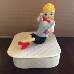 Vintage MCM Big Eye Girl Doll w/ Telephone Sitting on Quilted Box