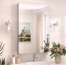 20x32 Bathroom Cabinet Mirror Tempered, Aluminum Silver Recessed Medicine Cabinet with Mirror Frameless Stepless Adjustable Shelf, Surface Mount Medic